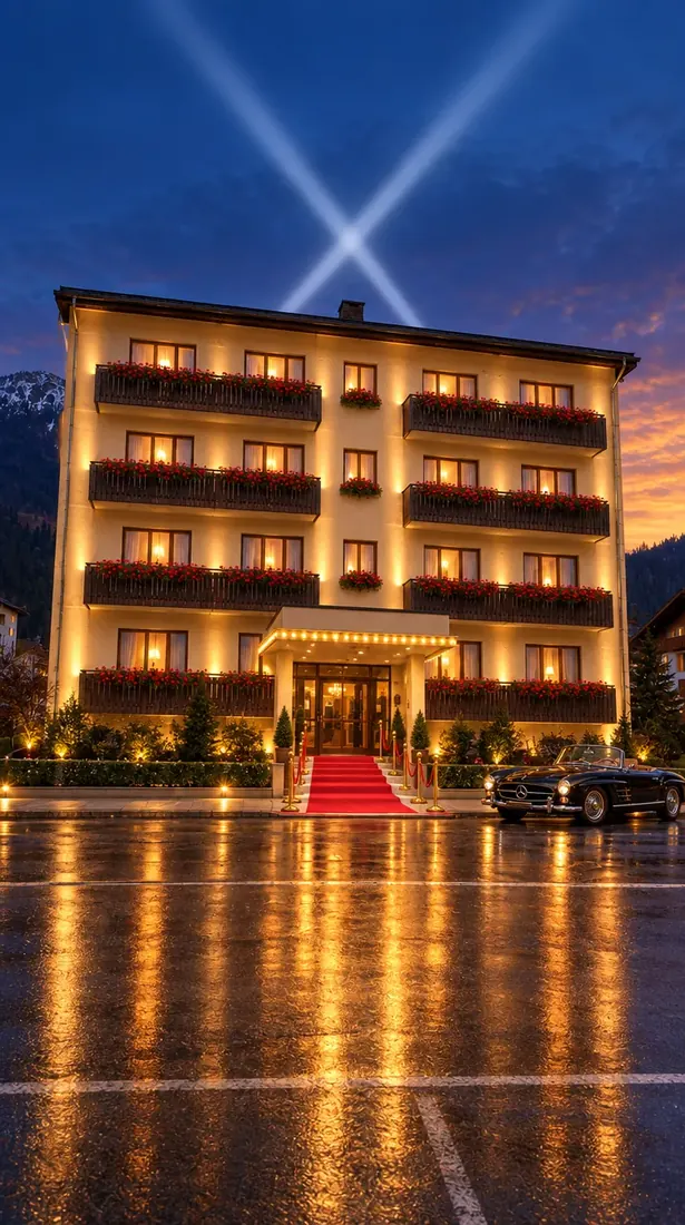 Nachher: dasselbe Hotel als KI-Szene bei Nacht