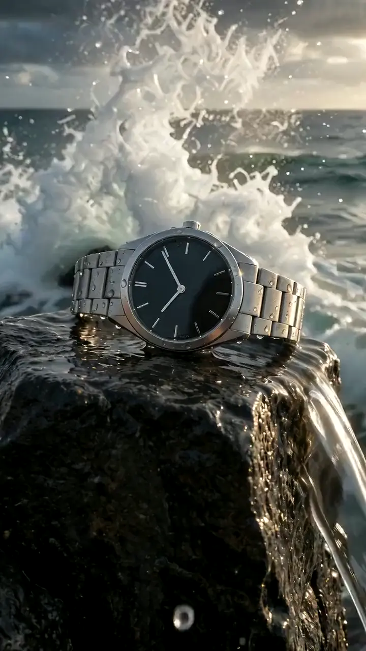 KI-generierte Szene: Armbanduhr auf einem nassen Felsen im Meer, dahinter bricht eine Welle